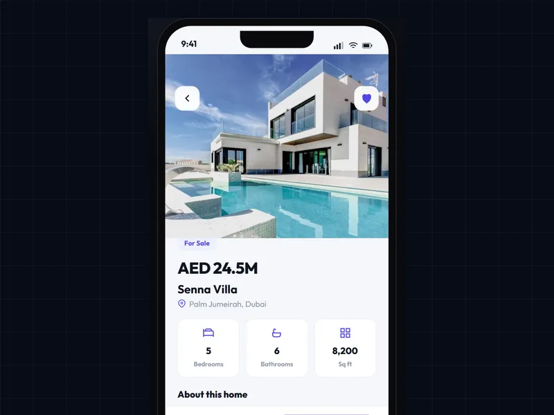 Keyra app property detail screen for a Palm Jumeirah villa with beds, baths, size and a Schedule Viewing button