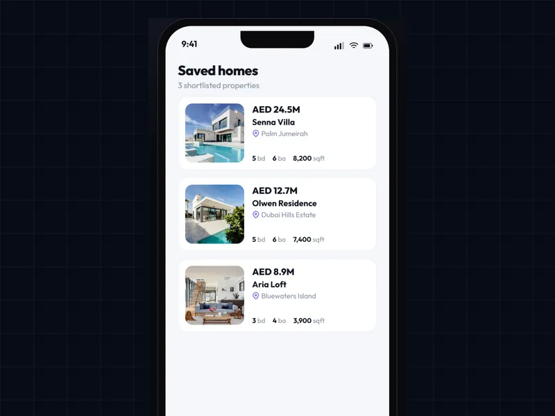 Keyra app saved homes screen showing three shortlisted Dubai properties