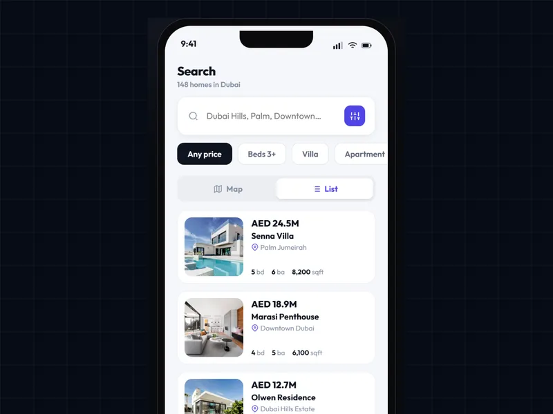 Keyra app search screen in list view with filters for price, beds, villa and apartment