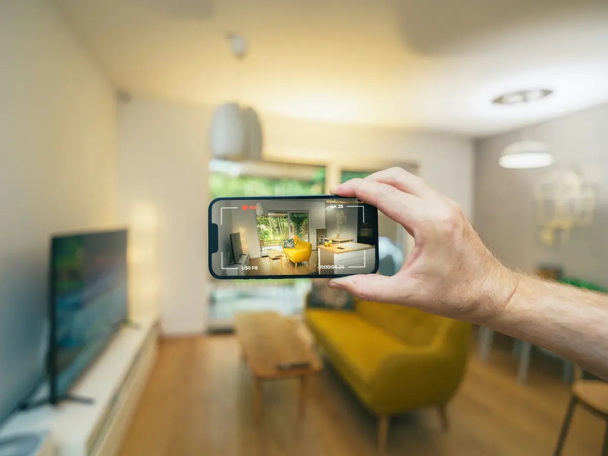 A resident photographing a living room with a phone, the way tenants report a maintenance issue in a property app