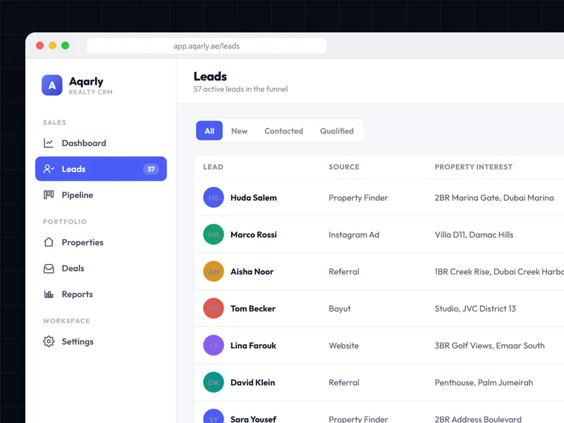Aqarly CRM leads list with each lead's source, such as Property Finder, Instagram ad, website or referral