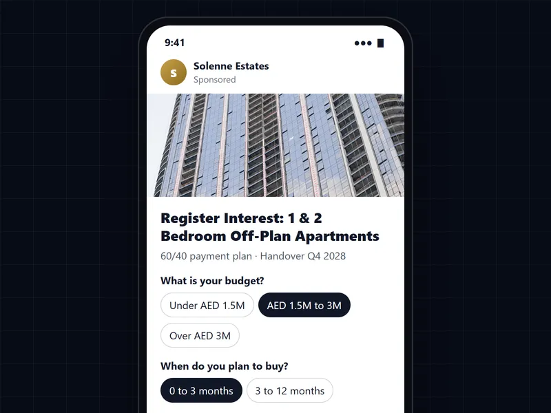 Illustrative Instagram lead form for an off-plan project asking budget, buying timeline and cash or mortgage