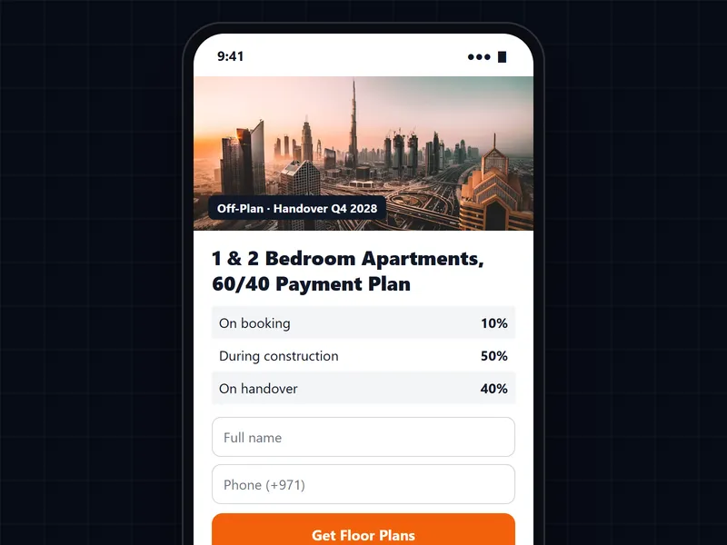 Illustrative off-plan project landing page on a phone with a 60/40 payment plan table, a short form and a WhatsApp button