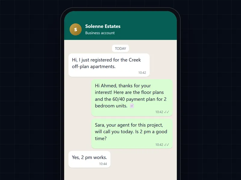 Illustrative WhatsApp chat where an off-plan lead receives floor plans and an agent call time seconds after registering