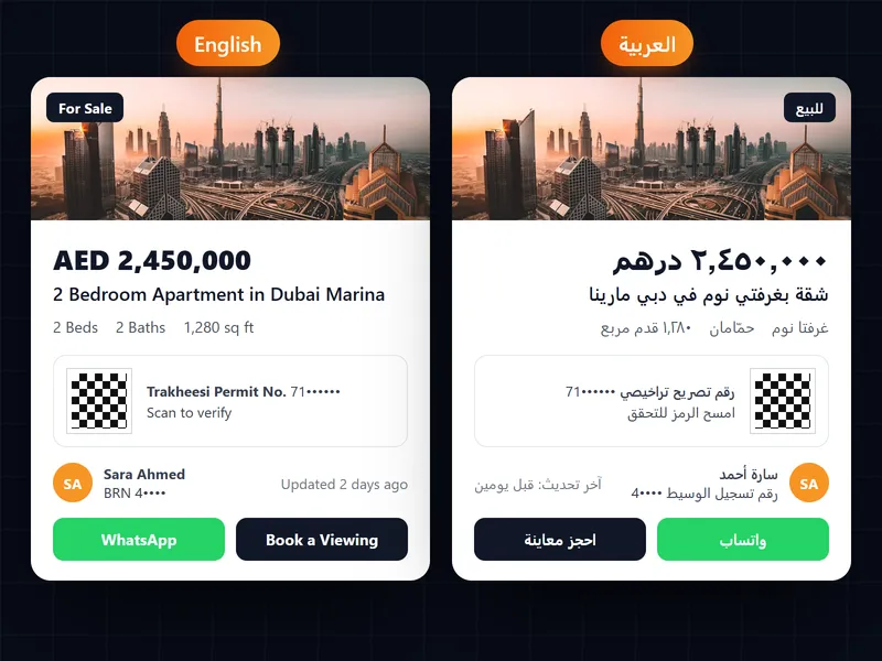 The same Dubai Marina apartment listing shown side by side in English and in right-to-left Arabic