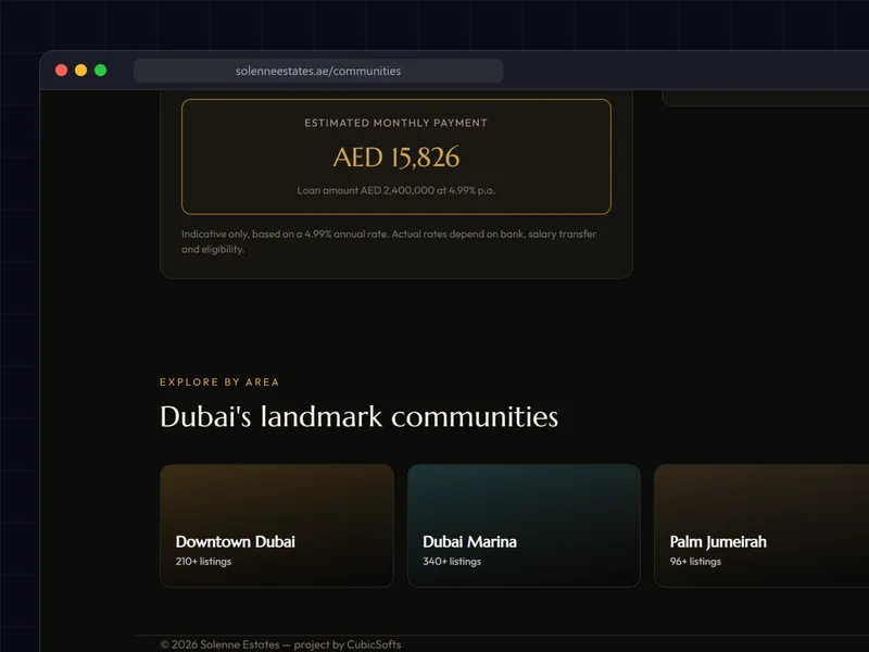 Community section of the Solenne Estates website listing Downtown Dubai, Dubai Marina, Palm Jumeirah and Emirates Hills