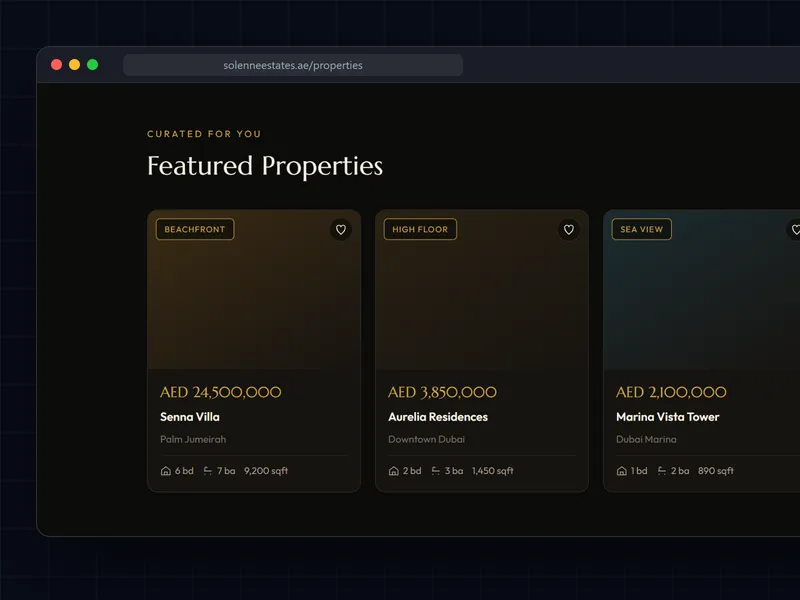 Featured property listings on the Solenne Estates website with prices in AED, beds, baths and size