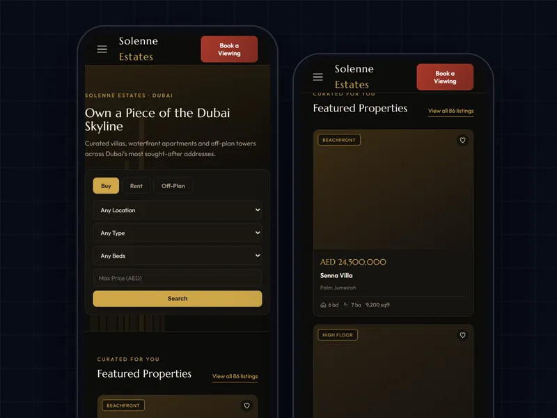 Solenne Estates website on two phones showing the mobile property search form and listings