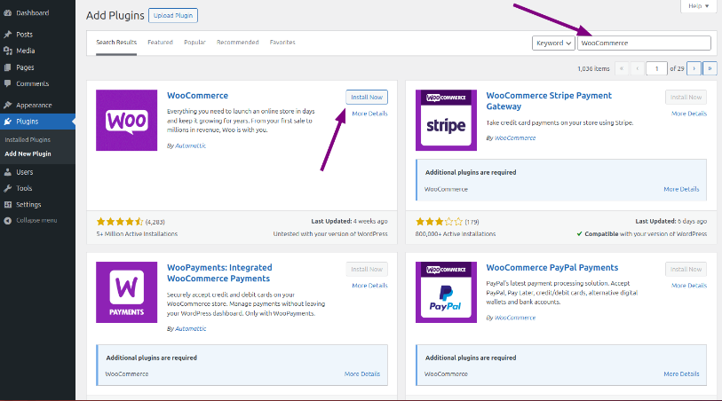 Dashboard to Installing the WooCommerce Plugin