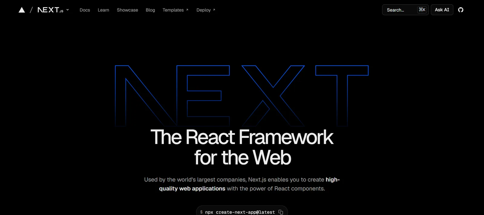 Next.js homepage, the React framework CubicSofts uses for custom eCommerce websites